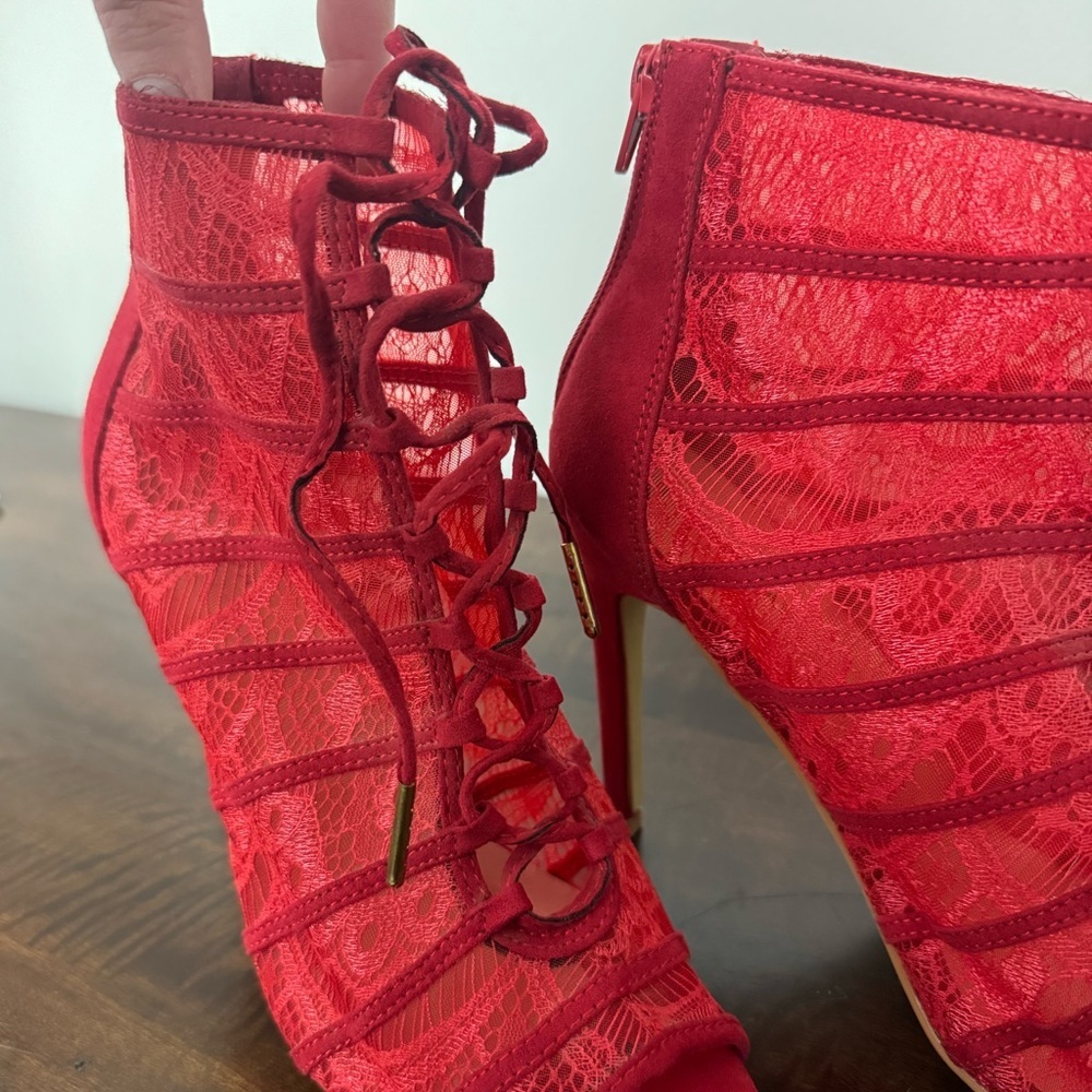 JustFab Red Lace Up Stiletto Heels, US Size 8.5 - Picture 4 of 10